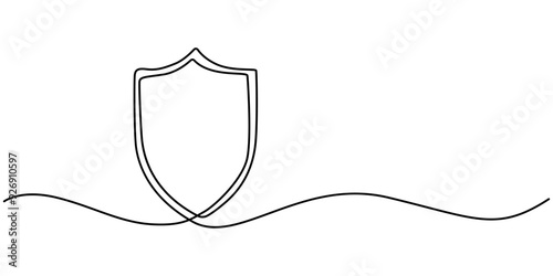 Continuous single one line drawing art of Shield protection. Vector illustration of business guard defense and data safety or health care, Continuous line drawing of shield. One line drawing