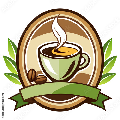 Coffee Cup with Steam, Beans, and Green Leaves in Oval Frame