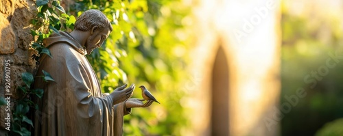 A detailed shot of an intricately carved wooden statue of Saint Francis of Assisi holding a bird, set against the backdrop of an old stone church with ivycovered walls