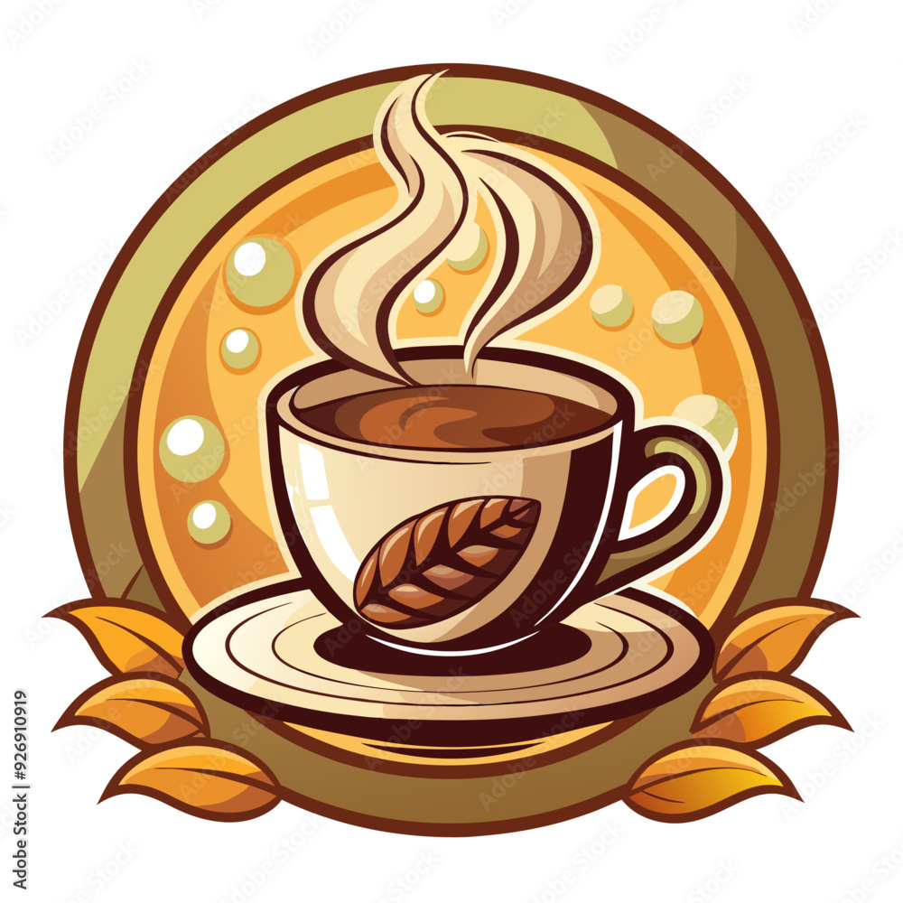 Obraz premium Steaming Cup of Coffee with Leaf Design and Autumn Leaves