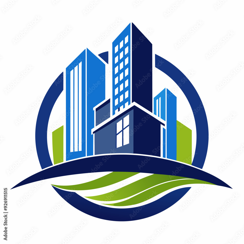 Fototapeta premium Stylized Illustration of a Cityscape with Green Grass and a Blue Circle