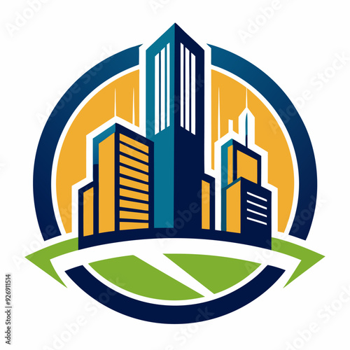 Modern Skyscrapers in a Circular Frame with Green Landscape