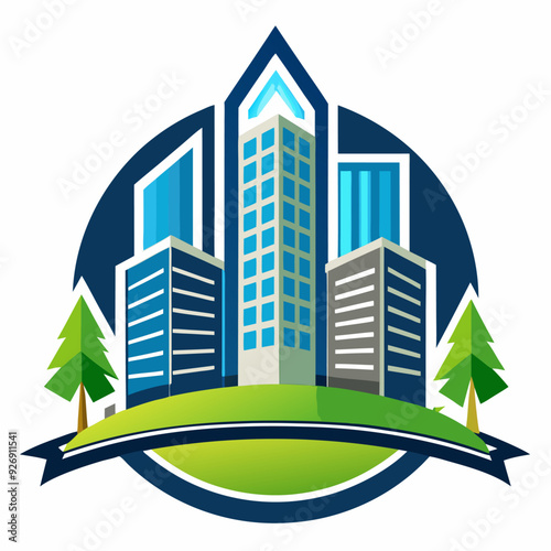 Cityscape with Three Buildings, Trees, and a Ribbon