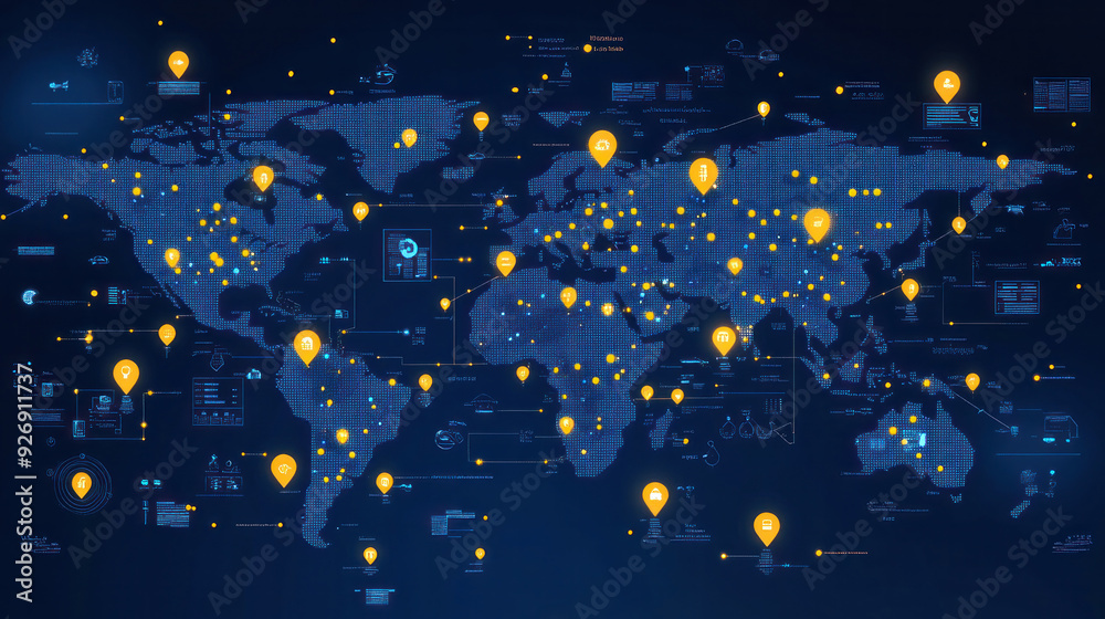 An interactive world map shows the reach of a global e-commerce brand, connecting with customers worldwide.