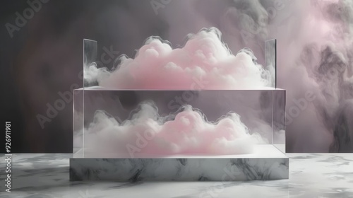 Volumetric fog surrounding a pink cloud of smoke on a white pedestal in a dark room, black background, video art style