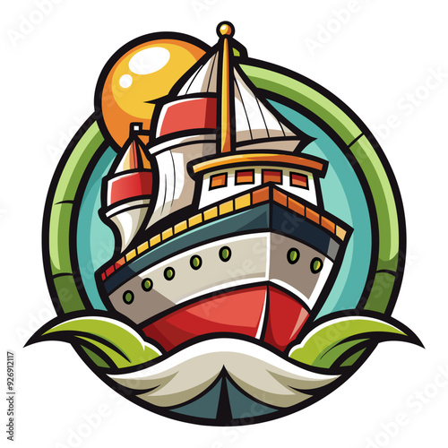 Cartoon illustration of a ship sailing in the ocean with a sun in the background