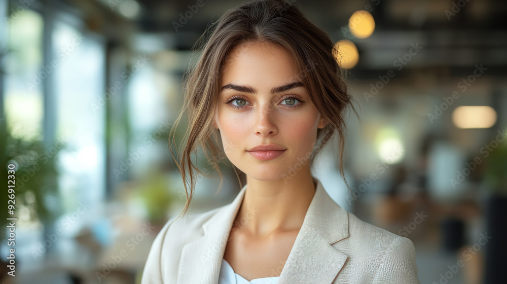 Fototapeta premium Young businesswoman is posing in a modern office setting, wearing a blazer