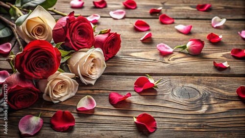 Roses and scattered rose petals on wooden table , romantic, love, Valentine's Day, floral, elegant, beauty