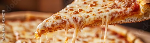 A gooey, cheesefilled pizza slice being lifted, with hot, melted cheese oozing and stretching from the crust to the plate photo