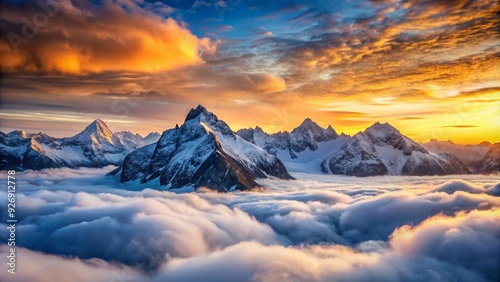 Breathtaking view of snowy mountain peaks at sunrise with clouds and vast sky, Mountains, Sunrise, Panorama, Snowy Peaks