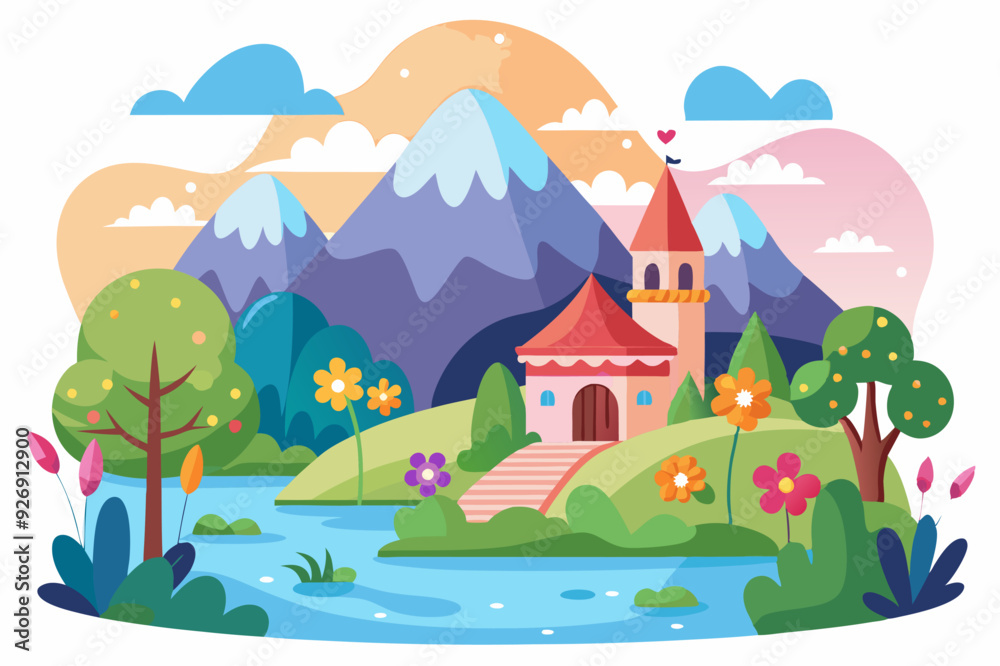 Naklejka premium Cartoon Illustration of a Fantasy Castle in a Mountain Valley