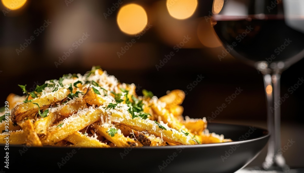 Close up of parmesan truffle fries with a glass of red wine in the background. Close up of parmesan truffle fries with a glass of red wine in the background.