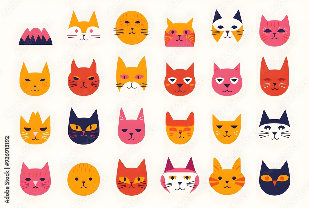 Vibrant Collection of Cat Faces in Various Styles, Ideal for Artistic Stationery or Playful Decor Vibrant Collection of Cat Faces in Various Styles, Ideal for Artistic Stationery or Playful Decor