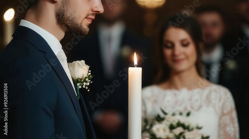 A couple lighting a unity candle together, symbolizing the merging of their lives, with family and friends watching photo