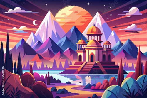 A Golden Mosque nestled in a picturesque mountain valley, bathed in the glow of a setting sun