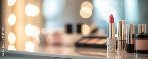 A makeup artist applying the bride s lipstick, with various beauty products neatly arranged on a vanity table photo