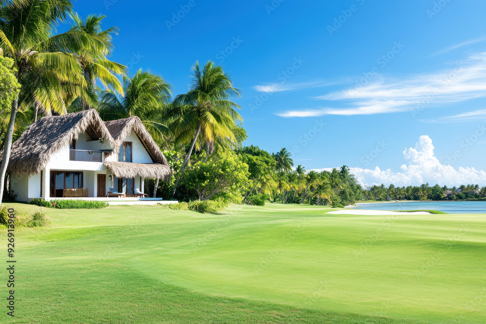 Fototapeta premium Cozy traditional bamboo bungalow by green grassland, natural living