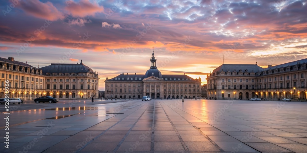 Obraz premium Scenic view of Place de la Bourse at sunset in Bordeaux, France, Bordeaux, France, Place de la Bourse, sunset, skyline