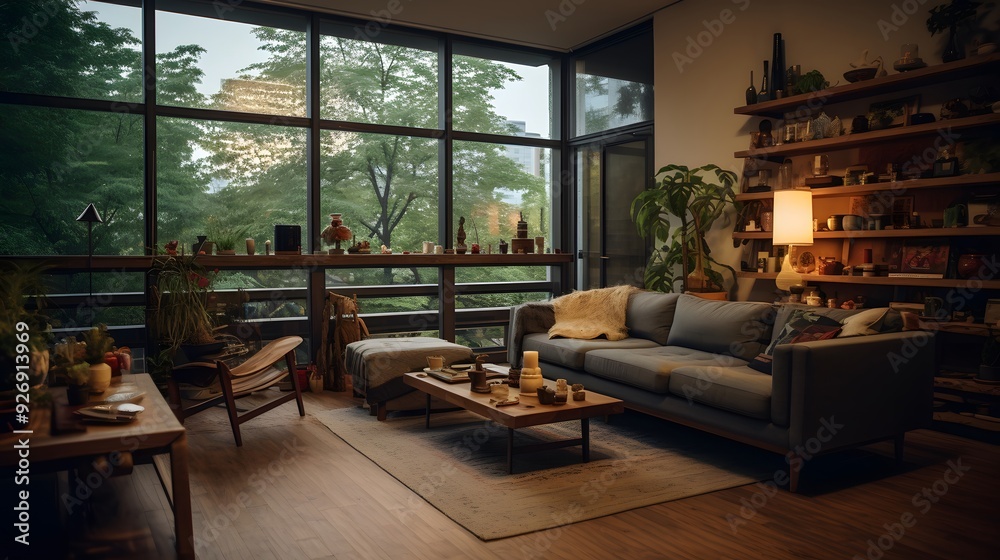 Cozy Living Room with Warm Lighting and Large Windows Overlooking a Lush Garden, Blending Comfort with Nature Cozy Living Room with Warm Lighting and Large Windows Overlooking a Lush Garden, Blending Comfort with Nature