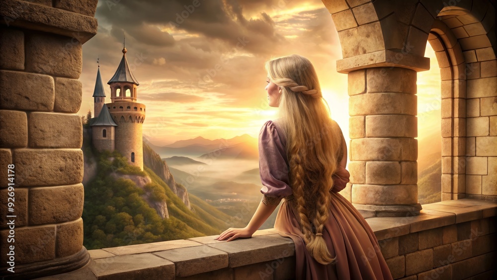 custom made wallpaper toronto digitalRapunzel gazes out of the tower window in a sepia-toned fantasy world, fairytale, princess, tower, long hair, fantasy