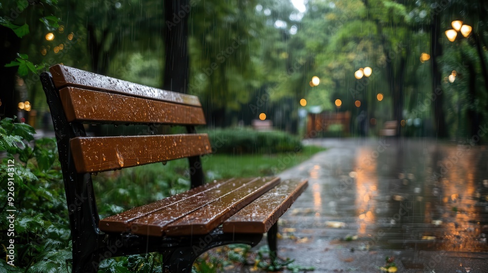 A tranquil park scene featuring a wet wooden bench under soft rain, surrounded by lush greenery and glowing lights. A tranquil park scene featuring a wet wooden bench under soft rain, surrounded by lush greenery and glowing lights.