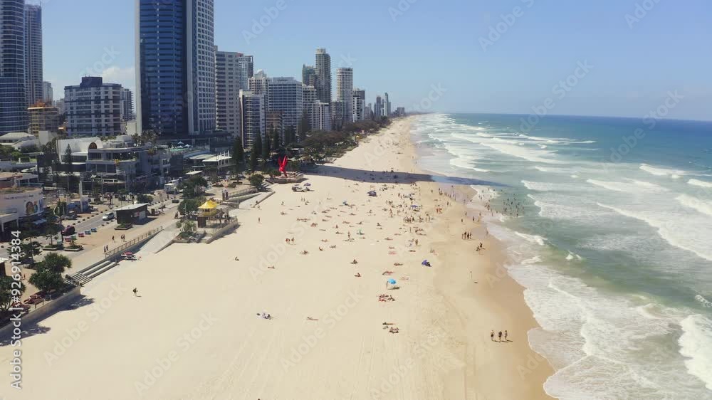 Beach, drone and waves with landscape in city for travel, scenery and holiday location in nature. Aerial view, ocean and sea and buildings for vacation, environment and skyline outdoor in summer Beach, drone and waves with landscape in city for travel, scenery and holiday location in nature. Aerial view, ocean and sea and buildings for vacation, environment and skyline outdoor in summer