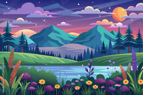 Mountainous Landscape with a Lake, Pine Trees, and Flowers at Dusk