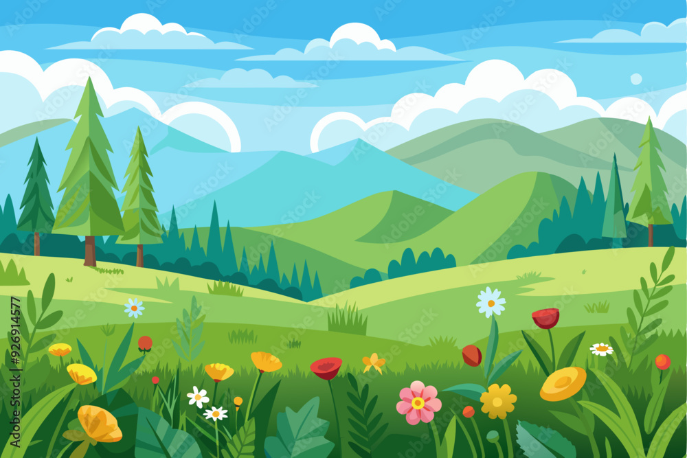 Naklejka premium Lush Green Meadow with Mountains and Flowers in the Foreground