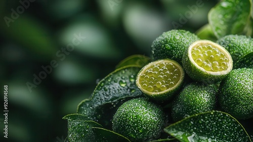 An Australian bush setting with a closeup of native finger limes, sliced open to reveal their unique caviarlike texture photo