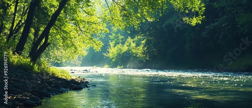 Tranquil river scene surrounded by lush greenery.