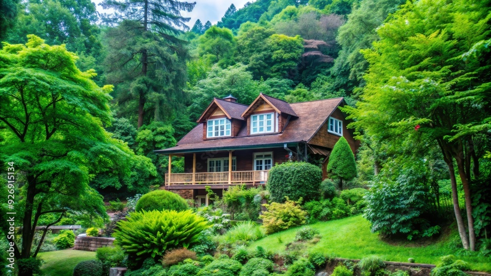 A charming house nestled among lush green trees in a tranquil setting, Home, architecture, residence, dwelling, nature A charming house nestled among lush green trees in a tranquil setting, Home, architecture, residence, dwelling, nature