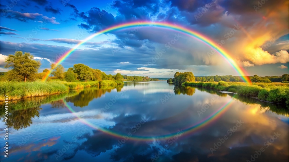 Rainbow arching over a tranquil river, rainbow, river, colorful, nature, scenery, weather, vibrant, spectrum, reflection, peaceful Rainbow arching over a tranquil river, rainbow, river, colorful, nature, scenery, weather, vibrant, spectrum, reflection, peaceful