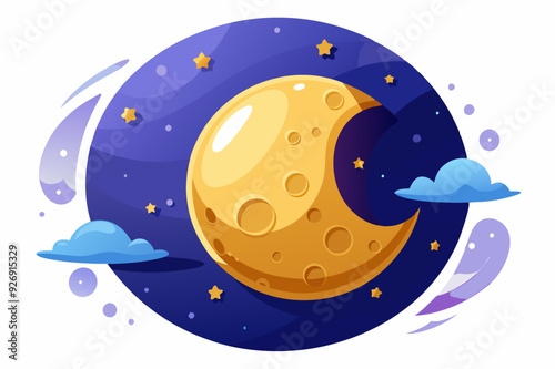 Cartoon crescent moon with craters and stars on a blue background