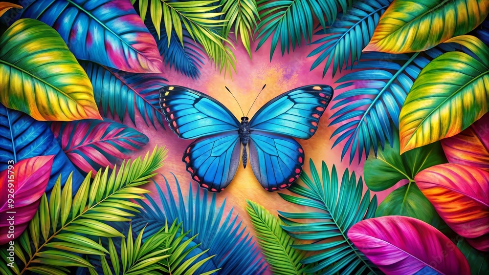 Vibrant tropical background with blue, pink butterfly, and colorful leaves, Tropical, background, leaves, flowers, blue Vibrant tropical background with blue, pink butterfly, and colorful leaves, Tropical, background, leaves, flowers, blue