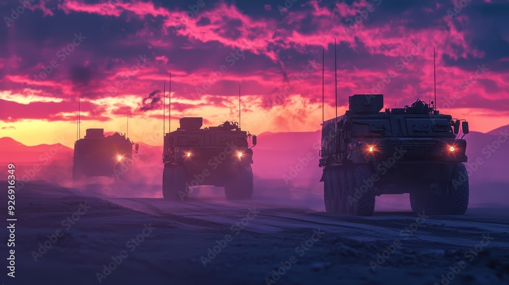 A convoy of military vehicles moves through dramatic sunset, creating sense of strength and determination. vibrant colors evoke feeling of adventure and resilience. A convoy of military vehicles moves through dramatic sunset, creating sense of strength and determination. vibrant colors evoke feeling of adventure and resilience.