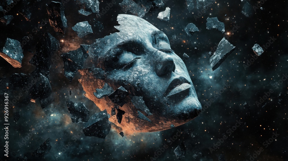 Surreal 3D Illustration of Fragmented Human Face Floating in Space | Digital Art of Disconnected Facial Features Surreal 3D Illustration of Fragmented Human Face Floating in Space | Digital Art of Disconnected Facial Features