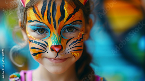 Young girl posing with a tiger face paint for carnival