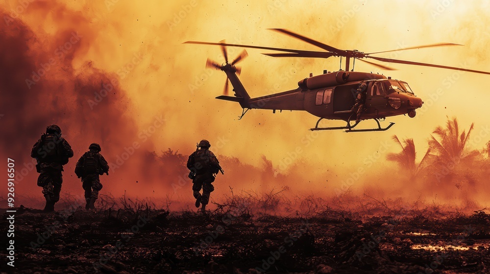 A dramatic scene of soldiers running towards helicopter amidst smoke and flames, conveying urgency and bravery. 