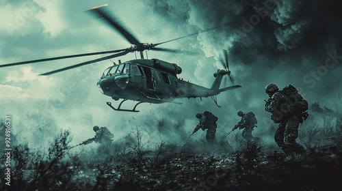 A military helicopter hovers over battlefield as soldiers advance through smoke and debris, showcasing determination and intensity. 