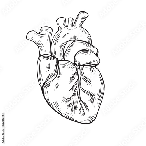 Human heart anatomy in engraving style. Line drawing organ human heart.  Vector illustration
