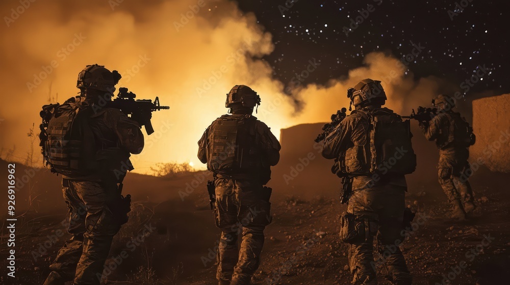 Four soldiers in tactical gear stand against fiery backdrop, showcasing determination and readiness. scene conveys sense of urgency and bravery. Four soldiers in tactical gear stand against fiery backdrop, showcasing determination and readiness. scene conveys sense of urgency and bravery.