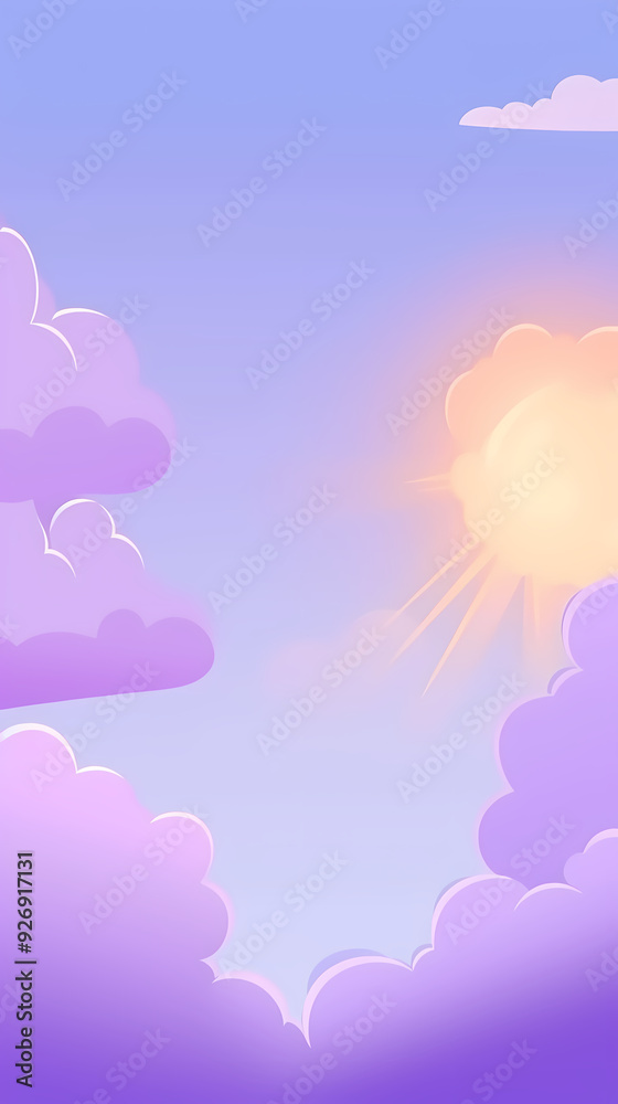 Evening cloudy sky purple. Anime style background with shining sun and white fluffy clouds. Sunny day sky scene cartoon vector illustration. Evening cloudy sky purple. Anime style background with shining sun and white fluffy clouds. Sunny day sky scene cartoon vector illustration.