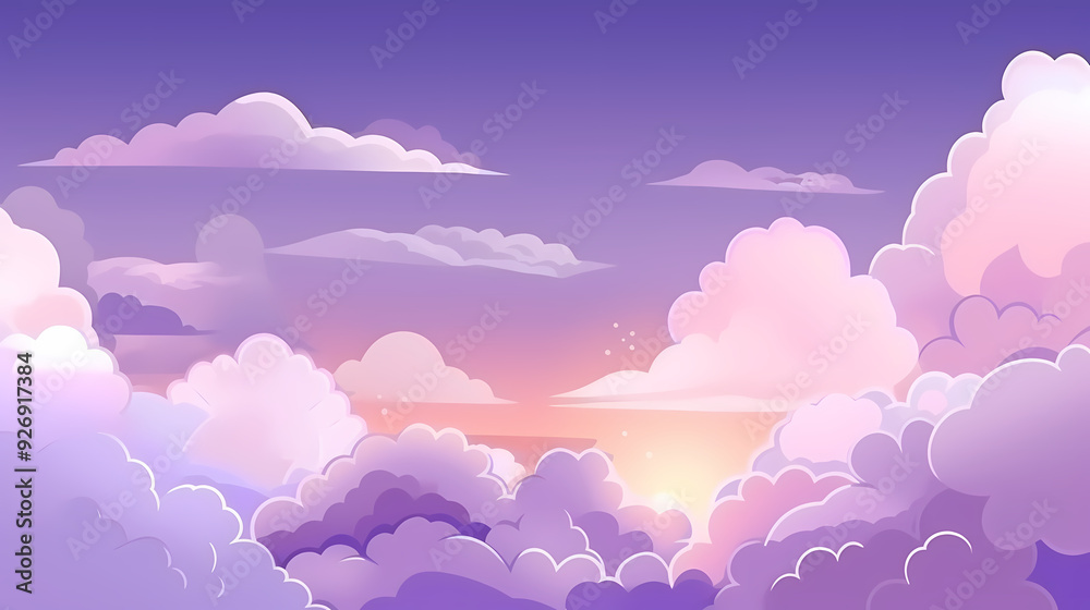 Evening cloudy sky purple. Anime style background with shining sun and white fluffy clouds. Sunny day sky scene cartoon vector illustration. Evening cloudy sky purple. Anime style background with shining sun and white fluffy clouds. Sunny day sky scene cartoon vector illustration.