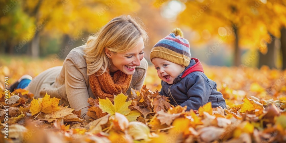 Mother and toddler playing joyfully in a pile of colorful autumn leaves, family, outdoor, fun, autumn, seasonal, bonding Mother and toddler playing joyfully in a pile of colorful autumn leaves, family, outdoor, fun, autumn, seasonal, bonding