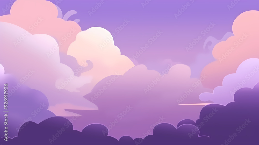 Evening cloudy sky purple. Anime style background with shining sun and white fluffy clouds. Sunny day sky scene cartoon vector illustration. Evening cloudy sky purple. Anime style background with shining sun and white fluffy clouds. Sunny day sky scene cartoon vector illustration.