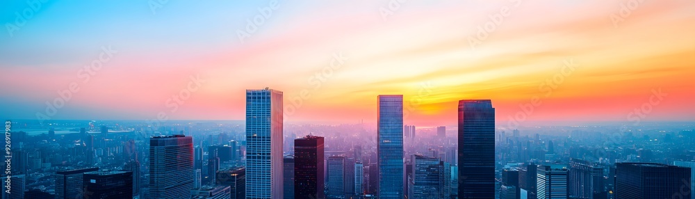 Colorful sunset illuminates skyscrapers in a busy city, creating a striking skyline view. Colorful sunset illuminates skyscrapers in a busy city, creating a striking skyline view.