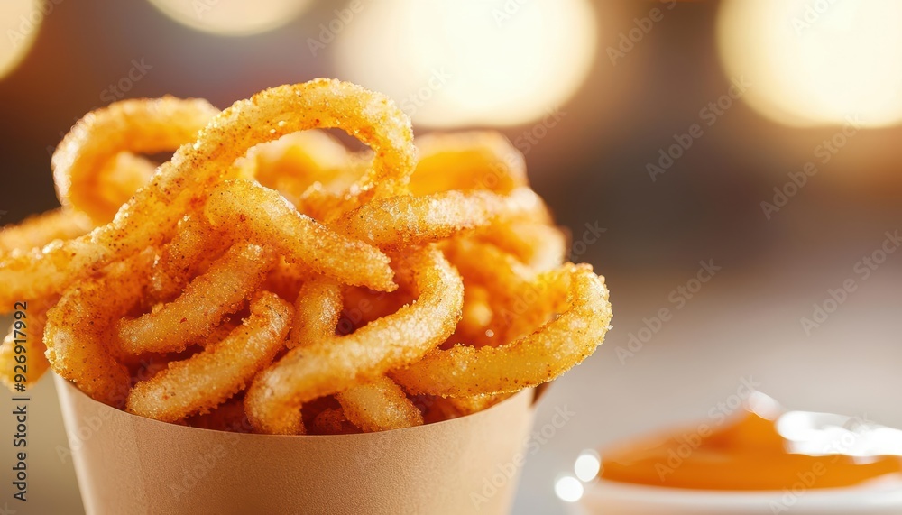 Close up of crispy onion rings in a paper cone with dipping sauce Close up of crispy onion rings in a paper cone with dipping sauce