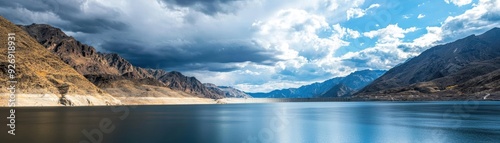 A wideangle view of a massive concrete dam holding back a vast reservoir, with rugged mountains and a dramatic sky in the background