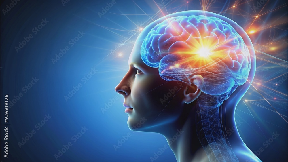of human head with glowing brain, anatomy, intelligence, creativity, innovation, cognition, neurology of human head with glowing brain, anatomy, intelligence, creativity, innovation, cognition, neurology