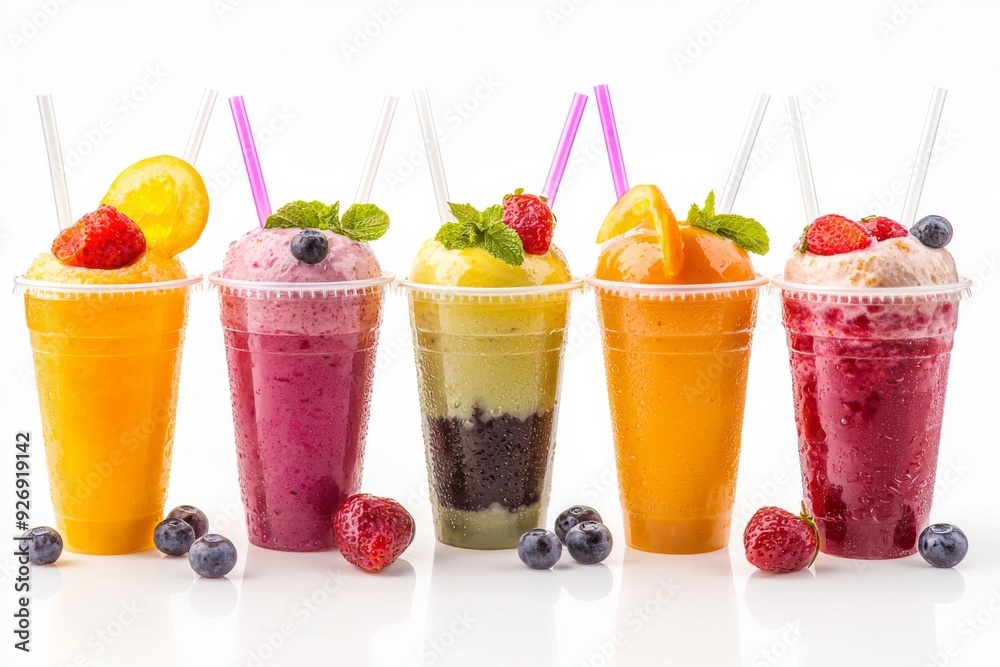Juices and Floats in Plastic Cup on white background created with Generative AI Juices and Floats in Plastic Cup on white background created with Generative AI